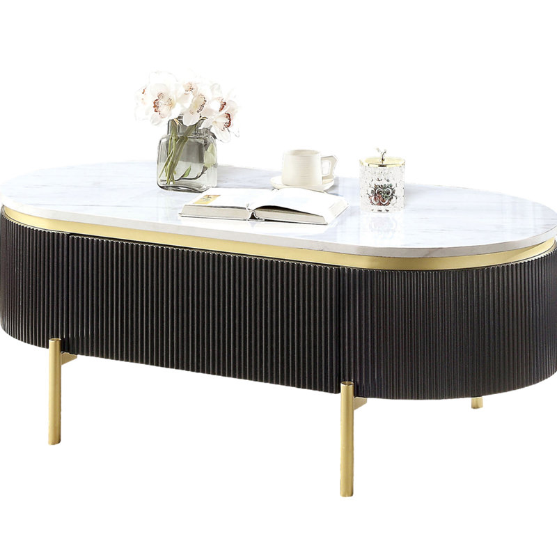 Table basse moderne: noyer foncé, faux marbre blanc, compartiment de rangement dissimulé, table en noyer tendance avec plateau en marbre et panneaux latéraux