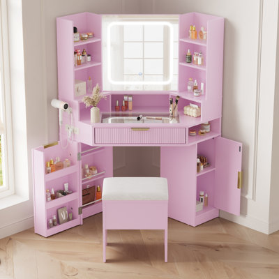Coiffeuse d'angle avec miroir lumineux DEL, éclairage à intensité variable 3 couleurs, grande table de maquillage avec tiroir pour petits espaces de chambre - Rose avec poignée dorée, coussin d'assise blanc (livraison en 2 colis)