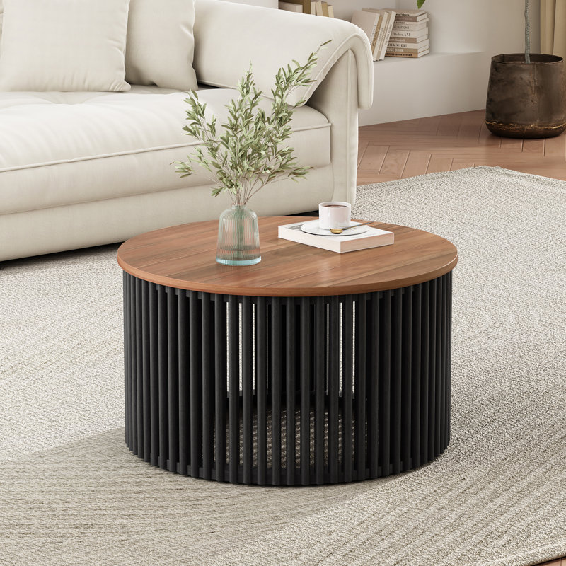 Ulises Round Acacia Wood Coffee Table With Slatted Design