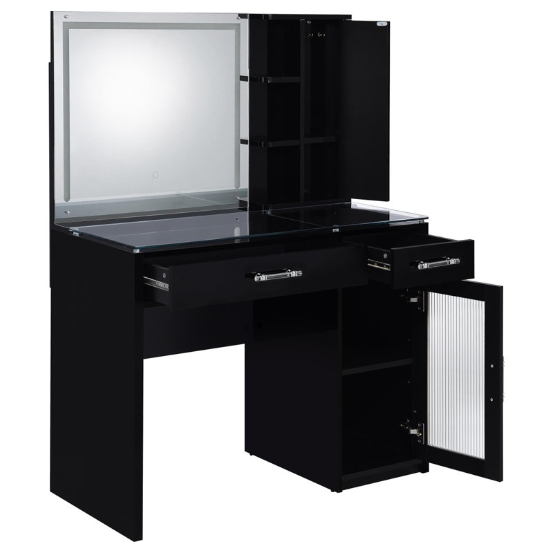Flora 2-Drawer Vanity Set With LED Mirror High Gloss, Black High Gloss