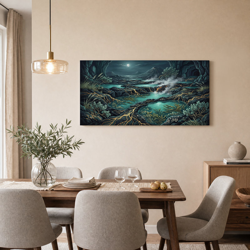 Tableau sur toile représentant un paysage volcanique au clair de lune avec des veines dorées scintillantes, 58“W x 28”H