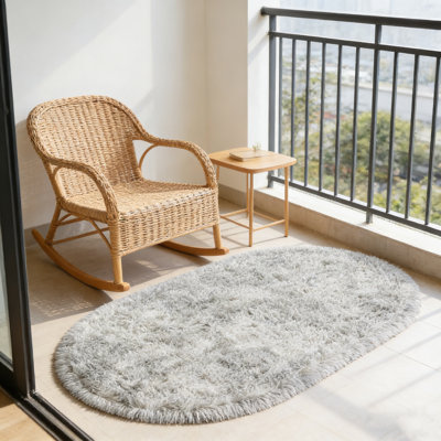 Soft Fluffy Area Rug for Bedroom, Tie-dyed Grey Fuzzy Shaggy Oval Throw Rugs for Bedside, Non-Slip Cozy Plush Shag Carpet for Kids Room Nursery Dorm Living Room, 2.6 x 5.3 Feet