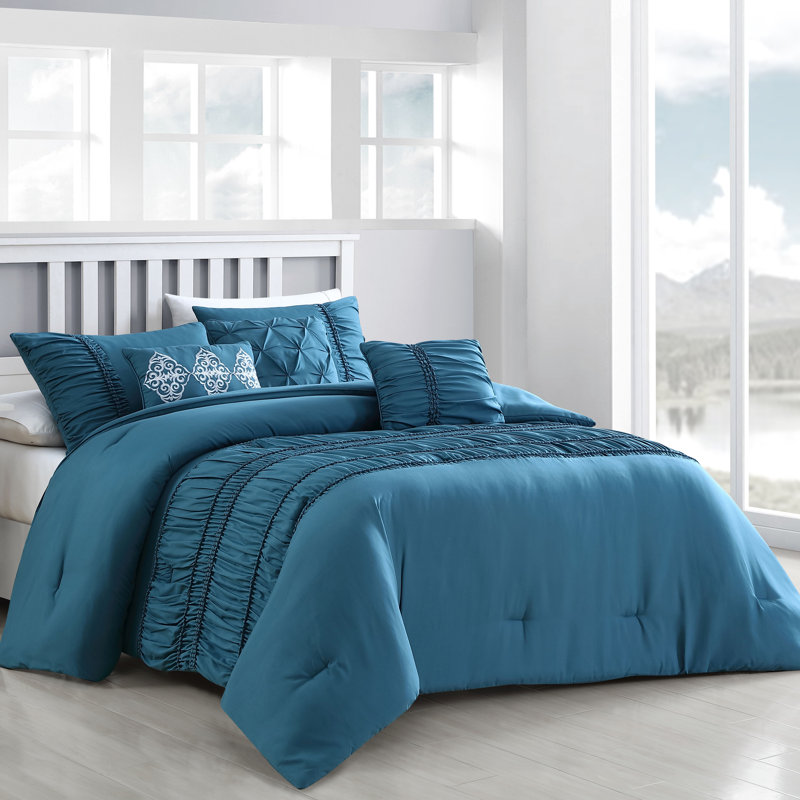 Ensemble d'édredon réversible Navier, Édredon pour lit simple + 1 taie décorative + 3, Bleu sarcelle