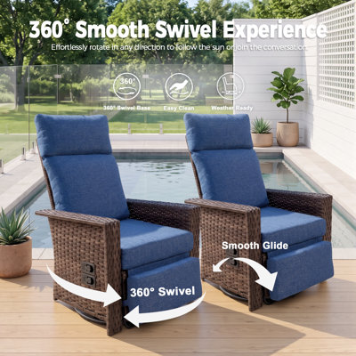 Outdoor PE Wicker 360° Swivel Recliner Chair, Patio Adjustable Reclining Lounge Chair with Navy Blue Cushion, All‑Weather Rattan Recliner for Backyard Poolside