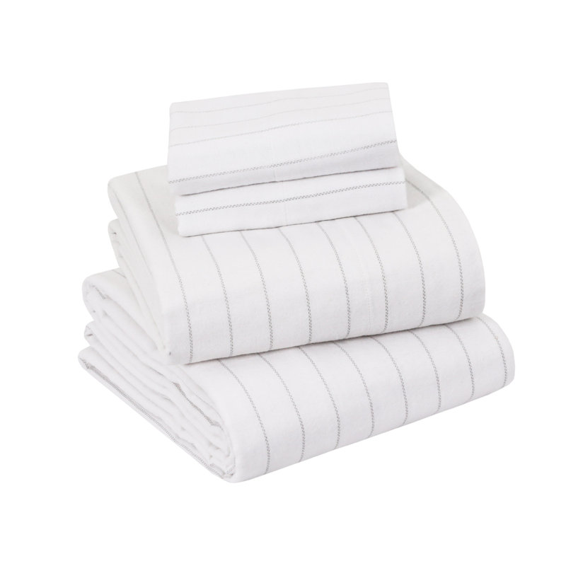 Colyt 100% Cotton Flannel Sheet Set, Cal.King Case Pack +Fitted Sheet + 2 Pillowcases, White Pin Stripe