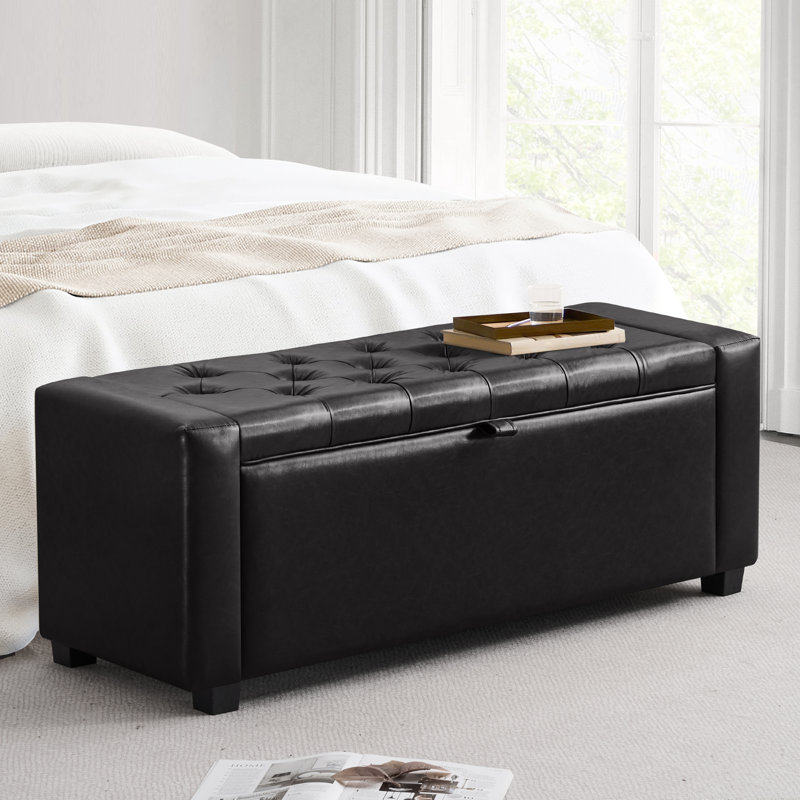43" Faux Leather Upholstered Storage Bench, Tufted Ottoman Bench For Living Room, Bedroom, Entryway, Black, Black