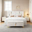 Ensemble de chambre à coucher 2 pièces avec lit plateforme tapissier grand, rangement hydraulique et repose-pieds beige, parfait pour les espaces de vie modernes et fonctionnels.