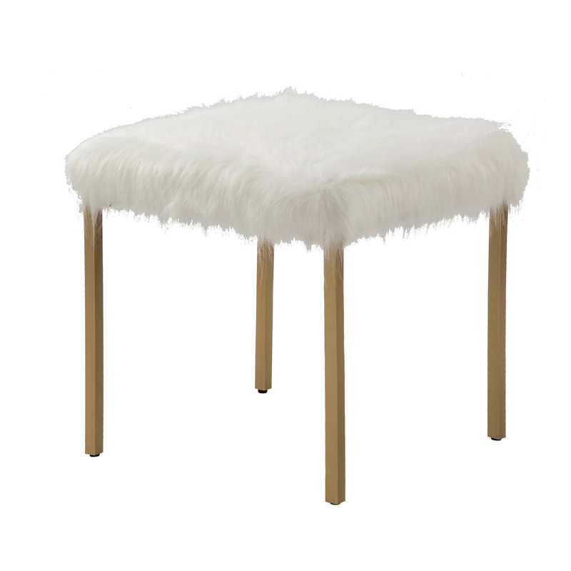 18-Inch Square Faux Fur Vanity Stool With Gold Metal Legs, Glam Upholstered Accent Chair For Bedroom, Dressing Room, Living Room (Blush/White Option)
