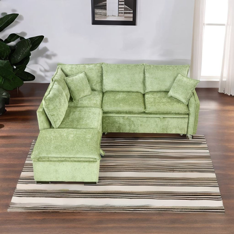 Talynn Upholstered L-Shaped Sectional with Ottoman, Green Chenille