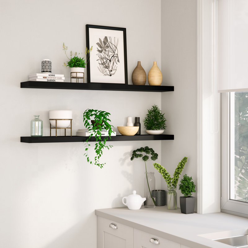 Black Veneered Wood Floating Shelves with Invisible Brackets, Set of 2