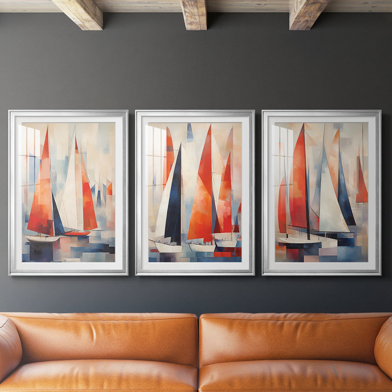 NAUTICAL Series CDxxxxi - Impression encadrée sur mesure de qualité supérieure - 3 pièces, H 15 po x l 19 po, Argent argent