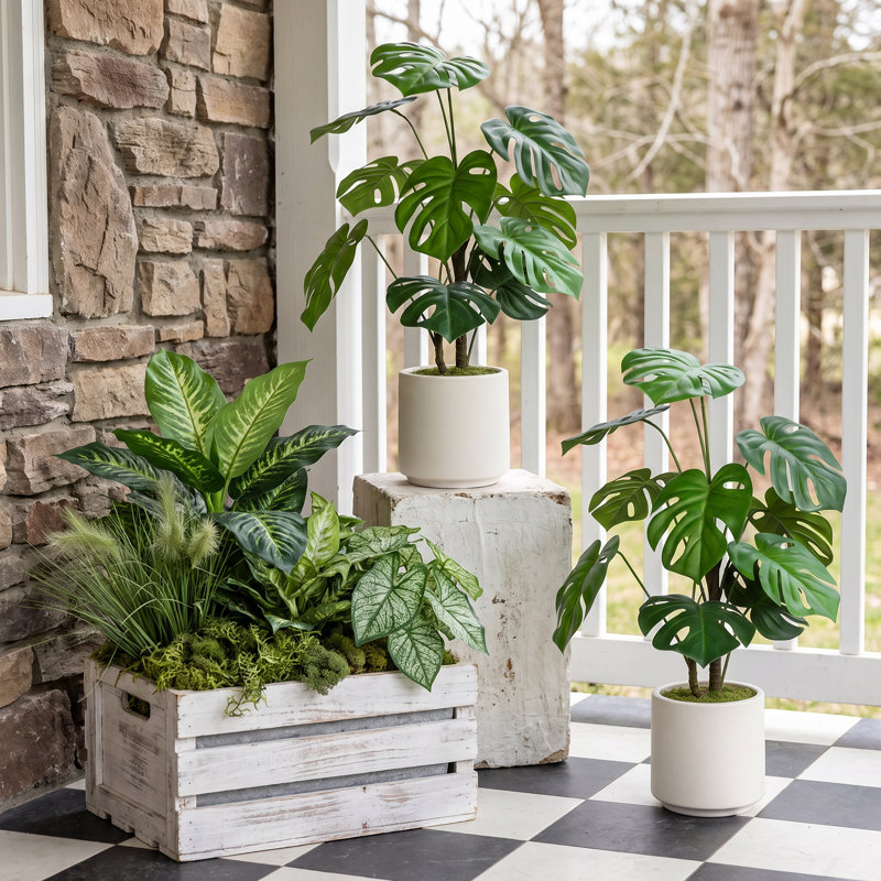 30 "Real Touch Monstera Deliciosa plante dans un pot à fleurs blanc avec surface décorative mousse