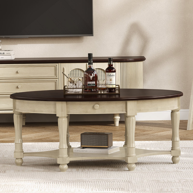 Table basse ovale vintage avec tiroir et étagère de rangement, table de cocktail antique de 45 po, table d'appoint de style champêtre français pour le salon, beige et espresso