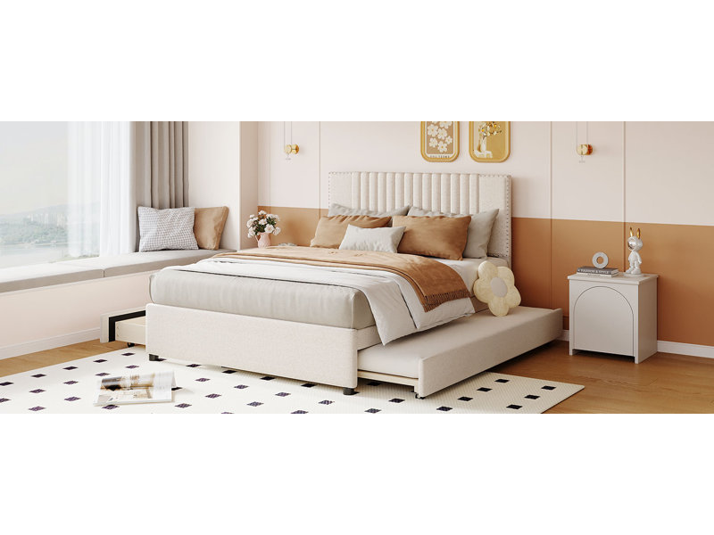 Size Upholstered Platform Bed With 2 Drawers And 1 Size Trundle, Classic Headboard Design,, Beige