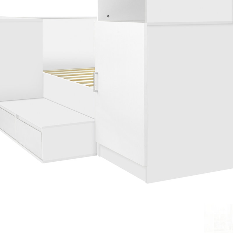 Lit plateforme en bois avec 6 tiroirs, tablettes, bureau et garde-robe, Blanc