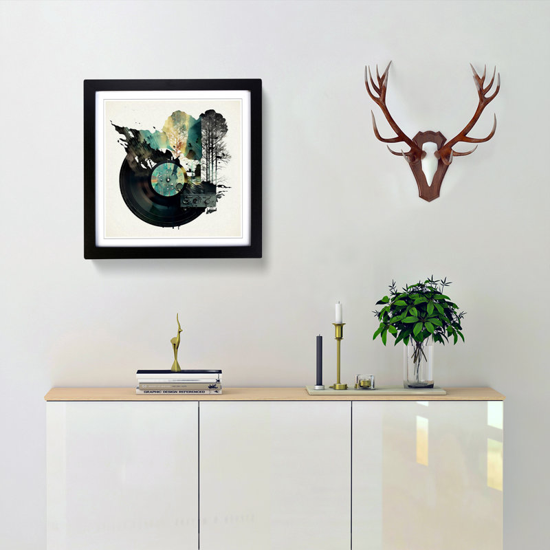 Vinyl Record Player Double Exposure - Single Picture Frame Print on Wood, Black