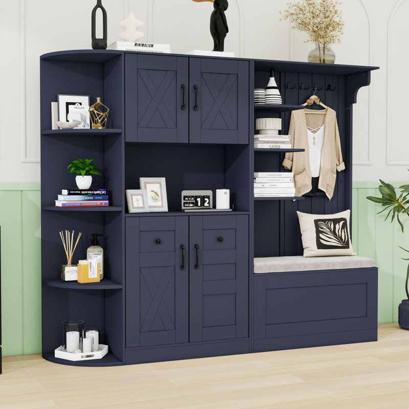 Storage Cabinet and Hall Tree Combination, with Hooks, Storage Cabinet, Open Shelves and Shoe Bench, Antique Blue