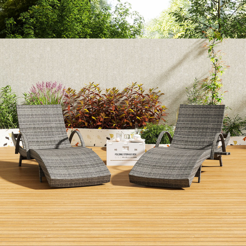 2Pcs 80" Wicker Chaise Lounge with Adjustable Backs and Integrated Side Tables for Outdoor Lounging, Gray
