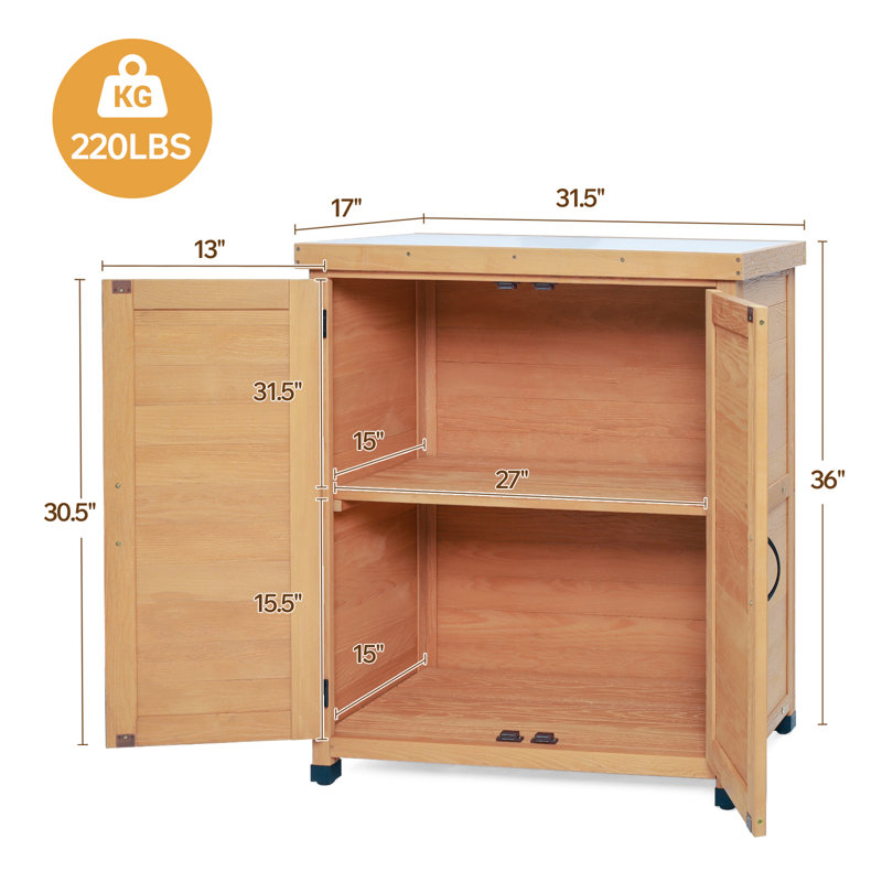 Potting Bench with Storage Cabinet and Metal Table Top for Outdoor Patio,Outdoor Work Station Table, Light Brown