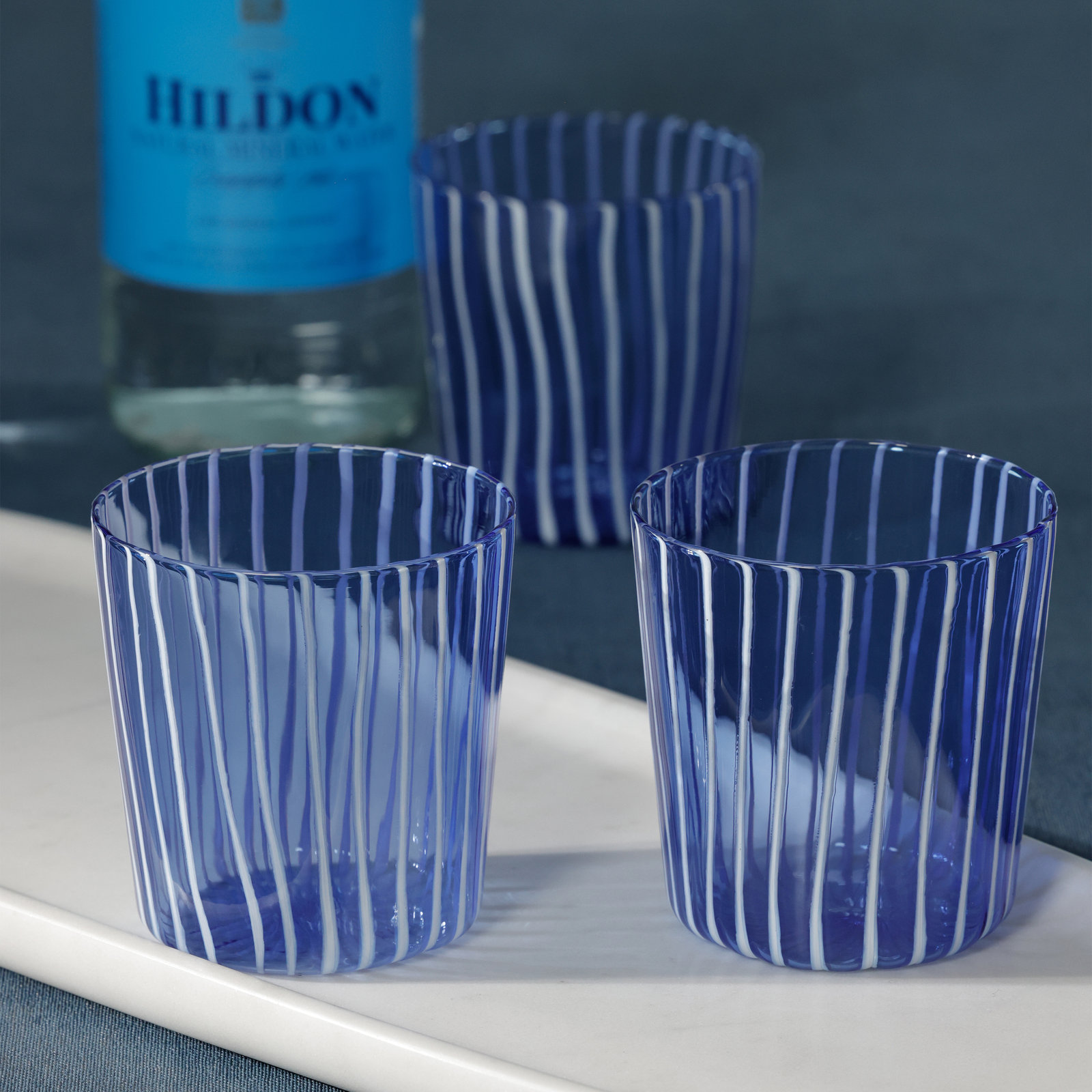 Marina White Stripe Glass Tumblers, Set of 6, Blue