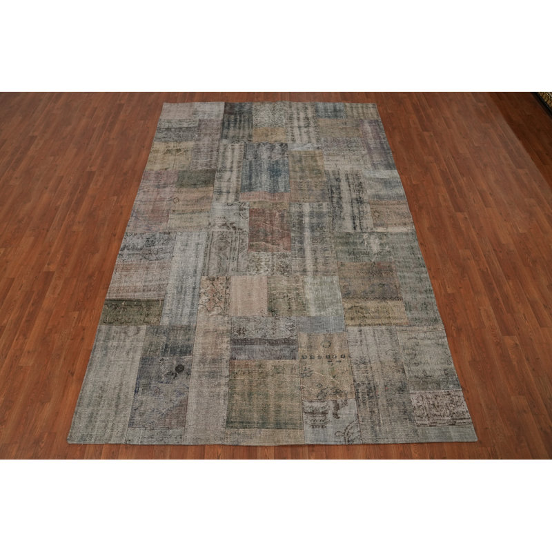 Wool Geometric Patchwork Distressed Area Rug 7x10