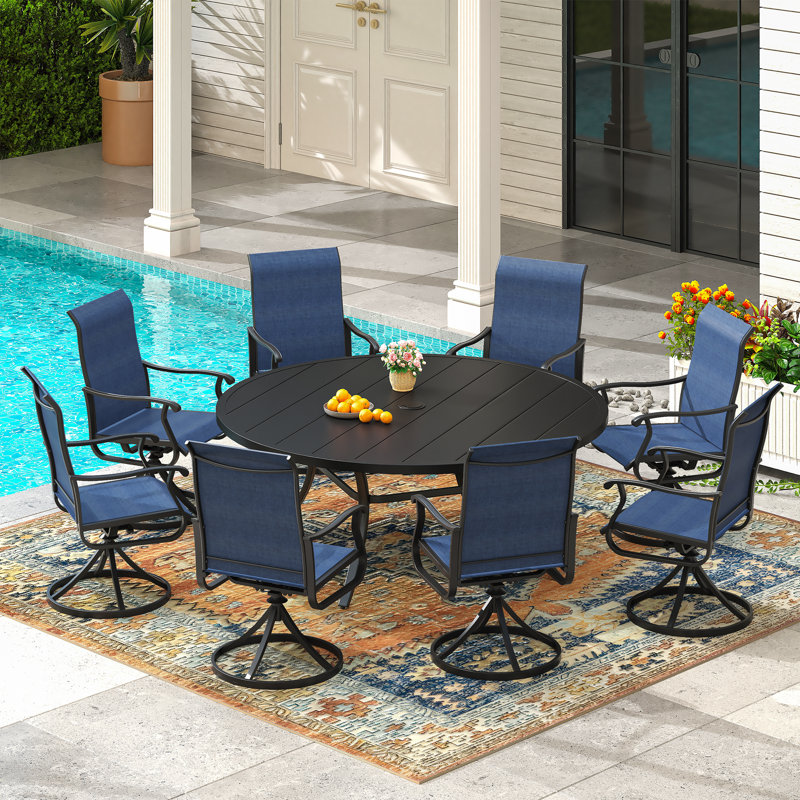 Ensemble repas 9 pièces pour patio avec table ronde de 60 po, Noir / Bleu