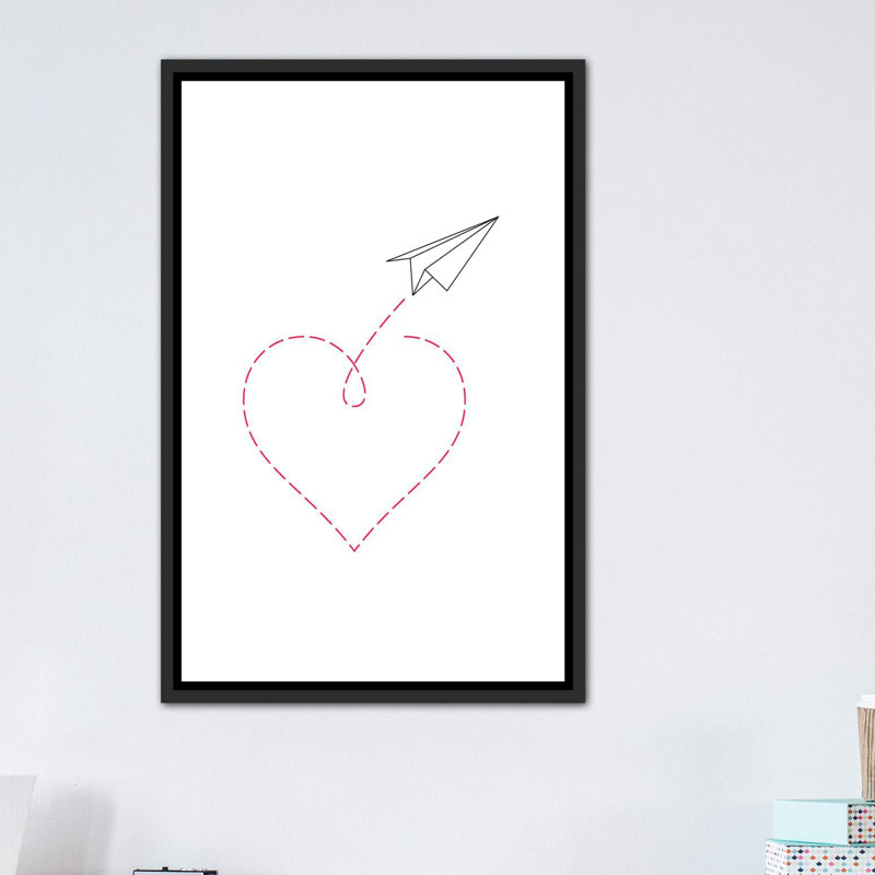 «Paper Plane & Heart I», reproduction d'impression, Pas de tapis, Toile à cadre patiné noir, H 26 po x l 18 po x P 1,5 po