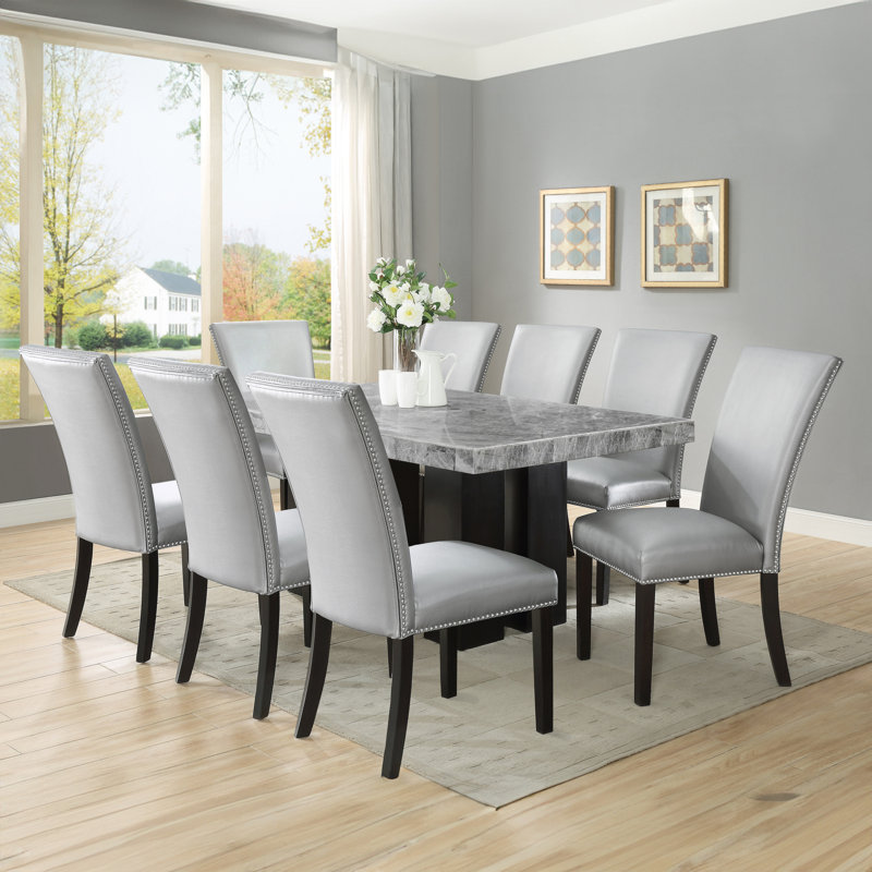 Anxhela Marble Top Four Leg Dining Set, 9 Pieces: Table, 8 Chairs, Silver