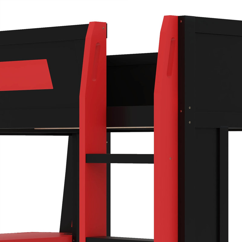 Lit superposé en bois avec bureau, deux tablettes de rangement, USB et lumière DEL, Queen, Noir / Rouge