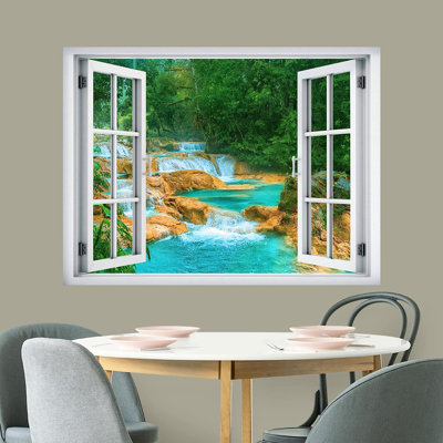 Vibrant Green Forest Mountain River Rapids 32' L x 24" W Wall Mural