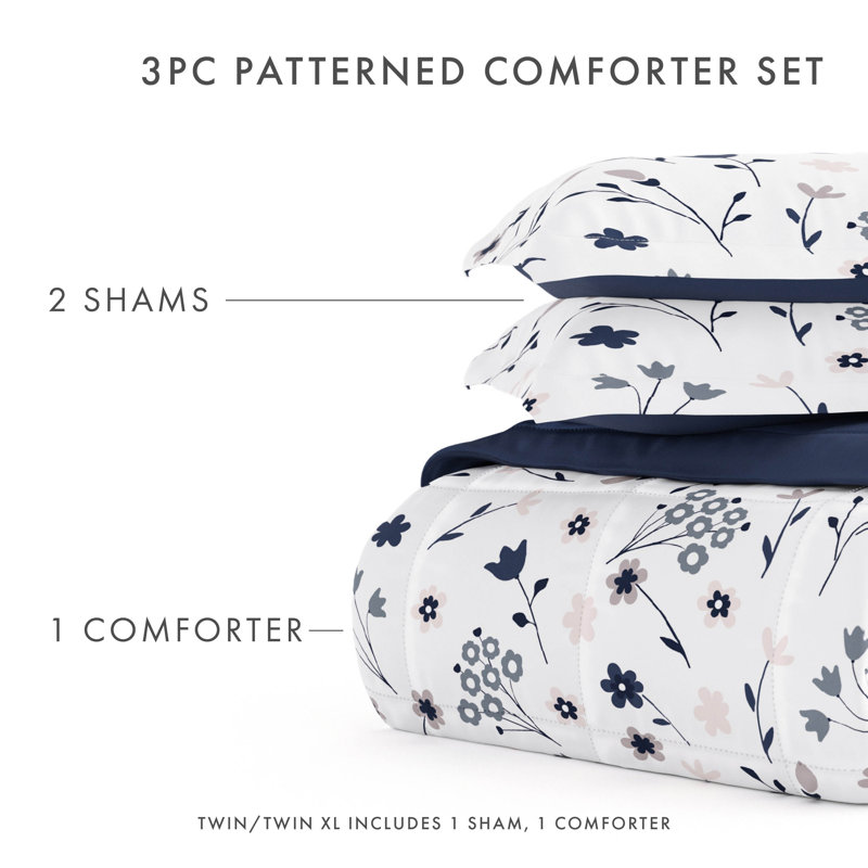 Twin Navy Floral Down Alternative Reversible Comforter Set
