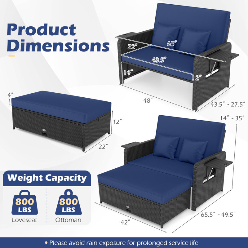 PE Wicker Outdoor Daybed With Adjustable Backrest & Ottoman, Navy, Navy