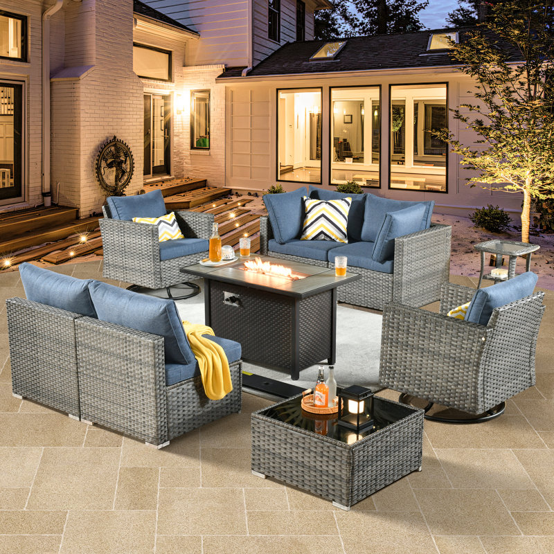 Aliva Wicker 6 - Person Patio Conversation Set with Cushions, Blue