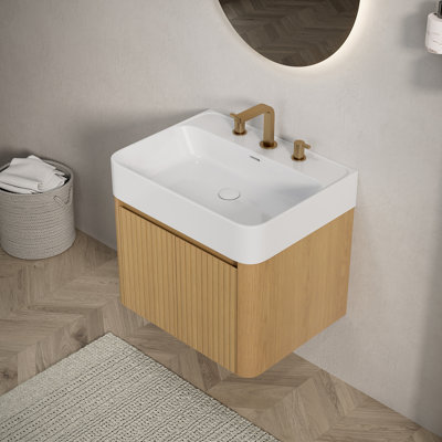 Meuble-lavabo de 48 po avec lavabo, armoire de rangement flottante, couleur grain de bois noyer, lavabo intégré à surface solide beige crème chaud, 3 trous de robinet pré-percés, démonté, robinet et drain exclus