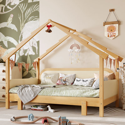Lit simple en bois avec rails de coussin moelleux