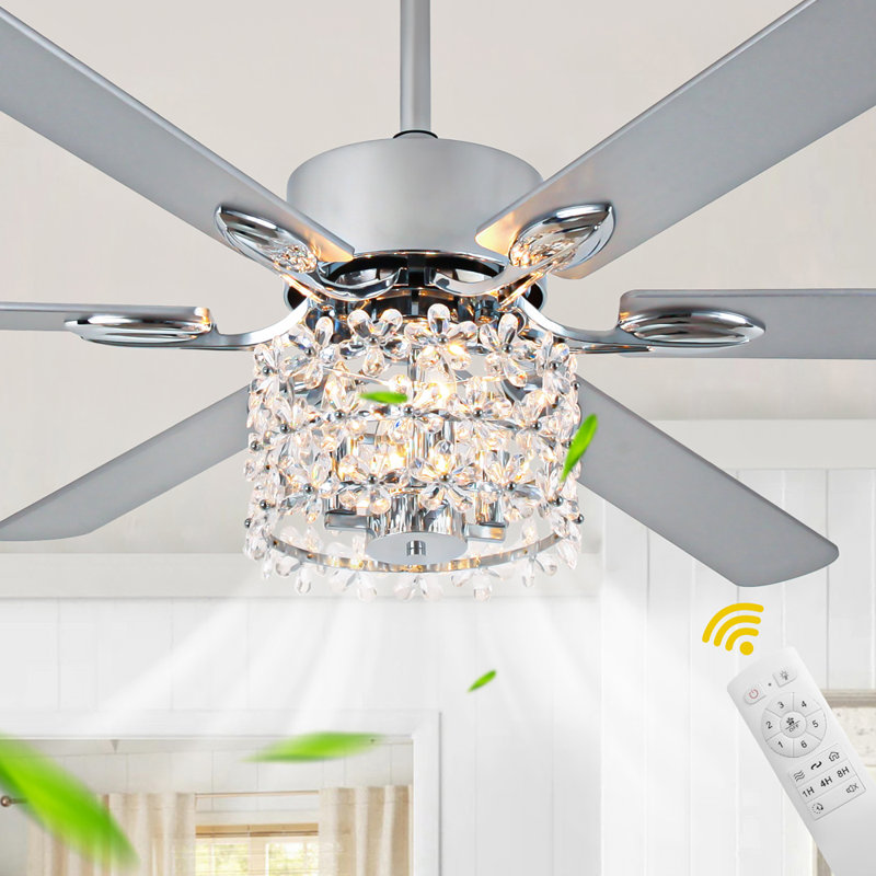 65 Inch Chrome Modern Luxury Crystal Ceiling Fan with Lights and Remote, 6 Speeds Reversible Large Ceiling Fan with Crystals