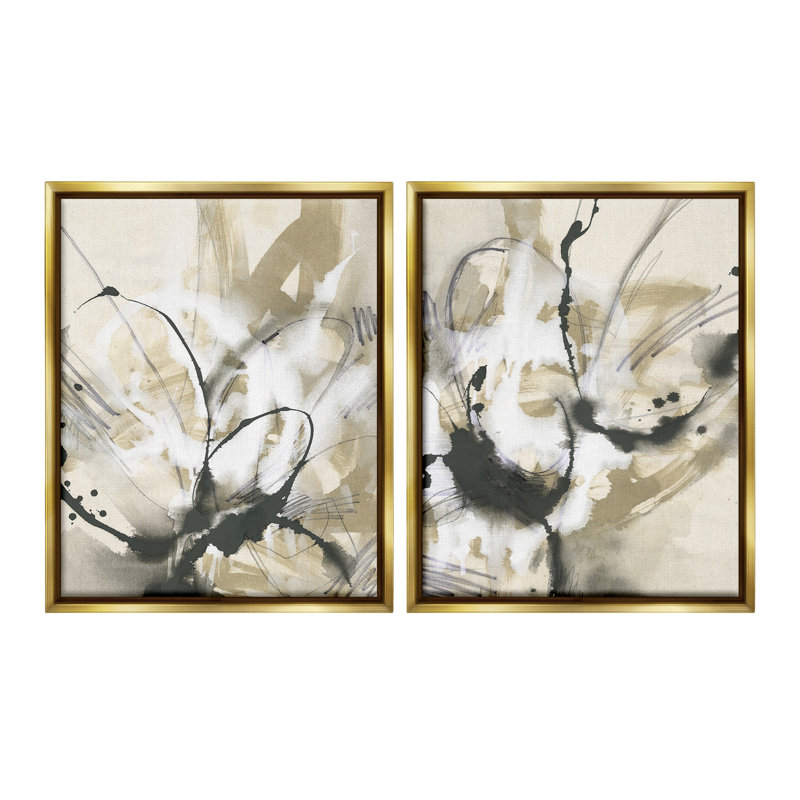 «Beige And Black Splatter» par June Erica Vess - 2 pièces, Cadre flottant métallique doré, H 21 po x l 17 po