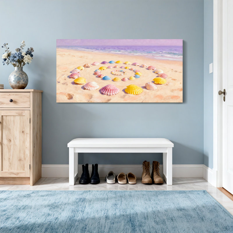 Nautique et plage de coquillages colorés disposés en spirale sur une plage de sable, H 16 po x l 32 po