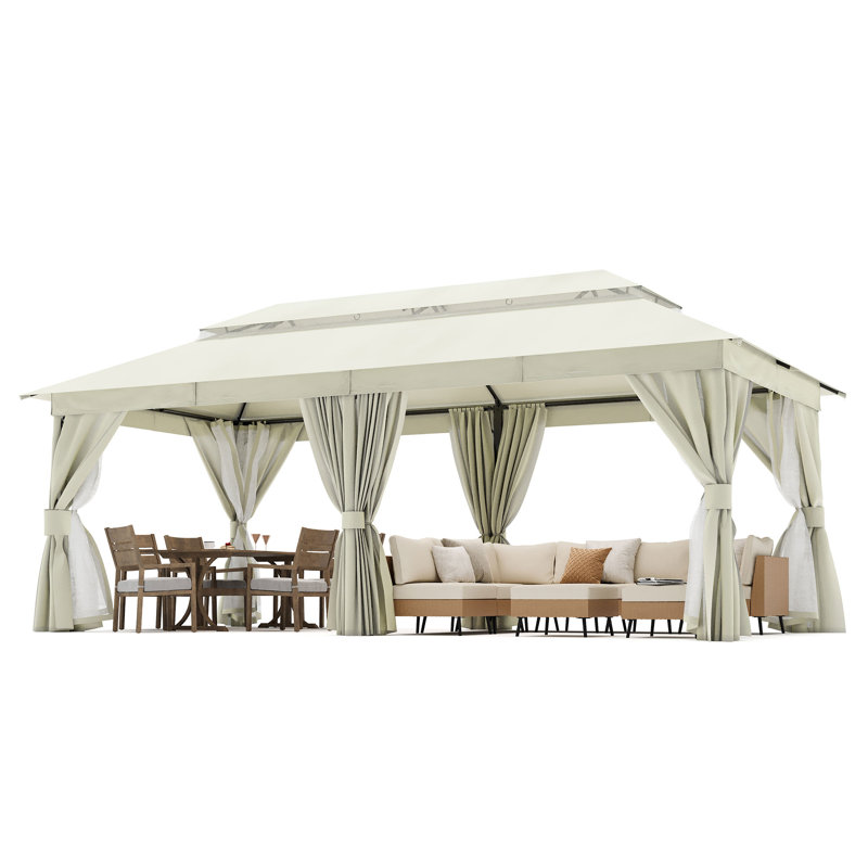 Creamy White Steel Patio Gazebo with Mosquito Netting and Curtains
