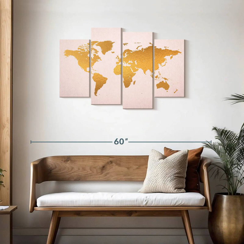 Aliaz Gold On Pink World Map, 27" H x 43" W