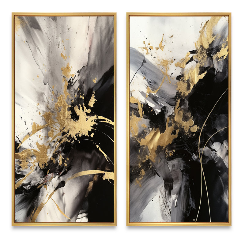 Or et gris fluides fusion II - ensemble d'art mural abstrait de 2 pièces, Encadrement doré, H 40 po x l 40 po