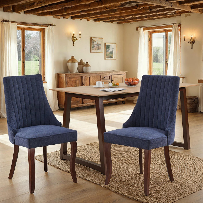 Elastic Cushion and Curved Solid Wood Legs Kitchen Side Chairs Set of 2 with Fabric Upholstery and High Backrest for Dining Room