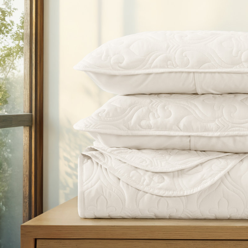 Ensemble de courtepointe légère en damas doux toutes saisons par Simply Soft, Ivoire