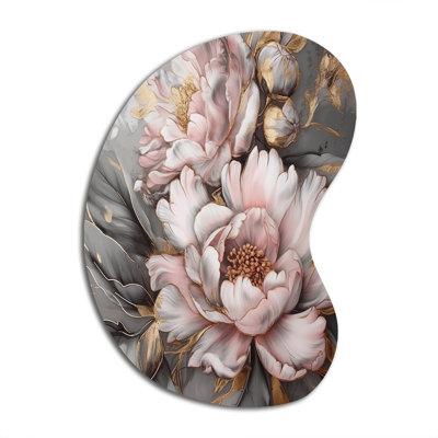 Pink Grey Peonies Elegance I - Peonies Boom Shape Asymmetric Metal Wall Sculpture