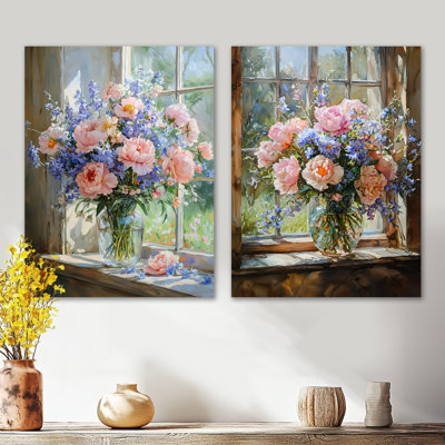 «Pastel Summer Bouquet Flowers at the Barn I» - ensemble de 2 impressions murales botaniques roses en métal