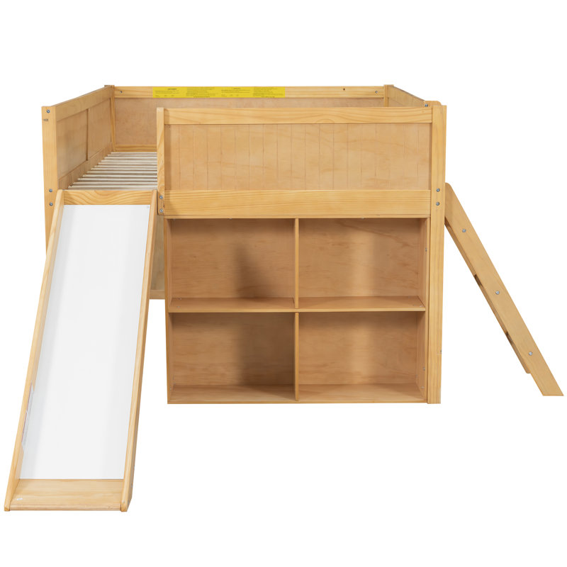 Full Size Wooden Low Loft Bed with Storage Shelves, Slide & Playhouse Door/Window – Kids Bed, Natural, Natural