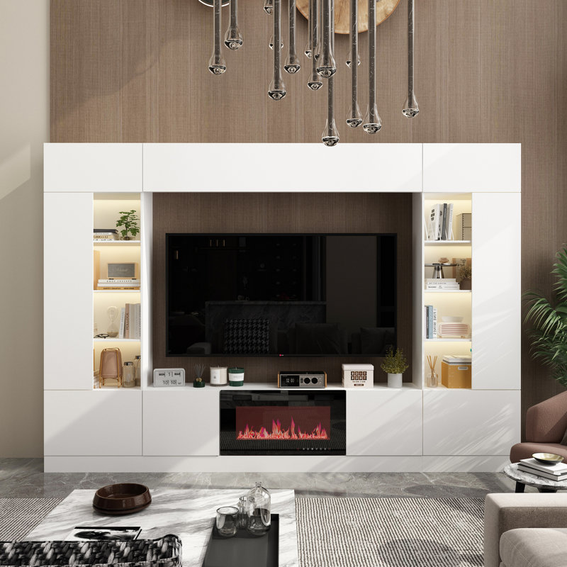 Meuble audio-vidéo de 114 po de large avec foyer électrique, grand meuble télé pour téléviseur de 75 po ou moins avec armoires de rangement et éclairage DEL