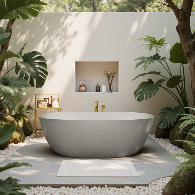 StonePure 61"×30" Freestanding Solid Surface Stone Bathtub, Deep Soaking Tub With Overflow, Pop-up Drain, Starry Gray