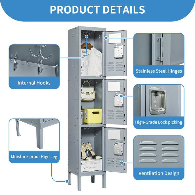 Gray Steel Lockable 3-Door Office Storage Locker