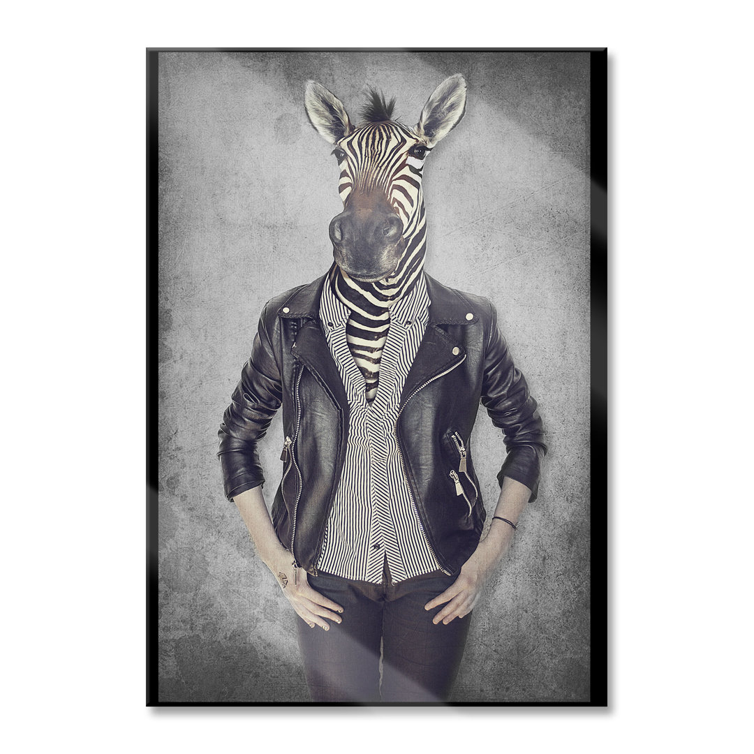 Glasbild Zebrakopf, menschlicher Körper mit Lederjacke